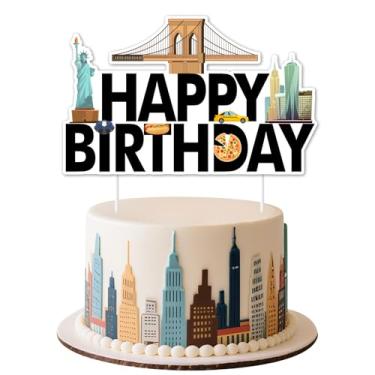 Imagem de Cheerupp Topo de bolo de feliz aniversário com tema de paisagem urbana de Nova York, decoração de bolo de arranha-céus, palitos de bolo com tema de marcos americanos para artigos de festa de