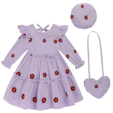 Imagem de Toddler Girl Dress Kids Long Sleeve Ruffle Dresses Fall Winter Outfit Hat Bag Floral Girls Casual Playwear Dress
