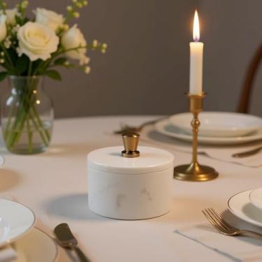 Imagem de Repan Celler de sal de mármore branco natural com tampa e botão de latão