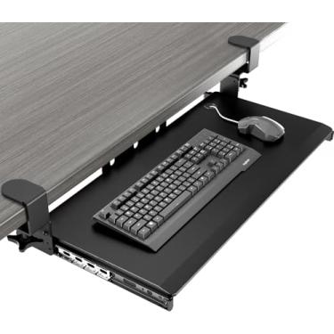 Imagem de Bandeja de teclado para puxar sob a mesa com sistema de montagem de braçadeira em C extra resistente, 27 (33 grampos incluídos) x 11 polegadas slide-out gaveta de computador de plataforma para