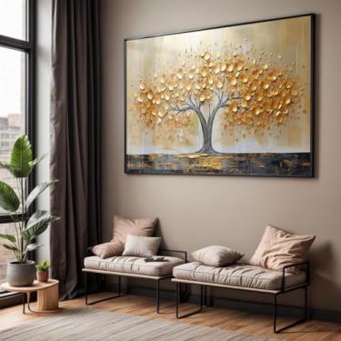 Imagem de Quadro com Moldura e Acrílico Cristal Árvore Dourada – Pintura Decorativa Horizontal Sala Quarto Hall Grande (90x130, Preto)
