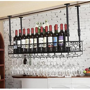 Imagem de Rack de garrafa de teto de metal vintage - organizador preto pendurado para vinho e taças, unidade de barra de ferro rústica, prateleira flutuante para copos e garrafas, 140 x 25 cm