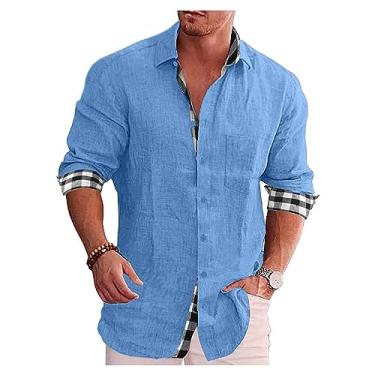 Imagem de Camisa masculina de manga comprida casual de lapela xadrez algodão linho camisa de praia camisa de botão, Azul, P