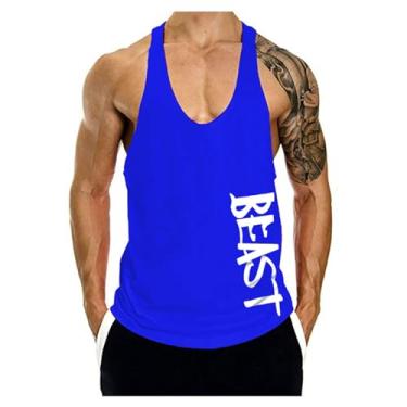 Imagem de Camiseta regata masculina estilo nadador nas costas com ajuste muscular, cor sólida, estampa de letra única, sem mangas, camiseta de ginástica, Azul, G