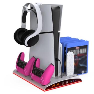 Imagem de Suporte de ventilador de resfriamento para PS5/PS5 Slim Disc e edição digital com 2 estações de carregamento de controlador, luzes LED RGB, 13 slots de jogo, slot remoto de mídia (Branco)