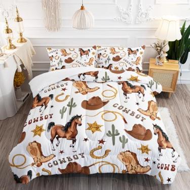 Imagem de XYNHML Conjunto de cama com estampa de cavalo ocidental, 3 peças, Queen, marrom selvagem, chapéu de caubói, cacto, para crianças, adolescentes, meninas, adultos, crachá, ferradura, colcha, 1 edredom e