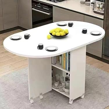 Imagem de Mesa de jantar dobrável móvel, mesa de jantar com rodas e prateleira de armazenamento de 2 camadas, mesa de folhas suspensas para economia de espaço pequeno mesa de jantar para cozinha, sala de estar