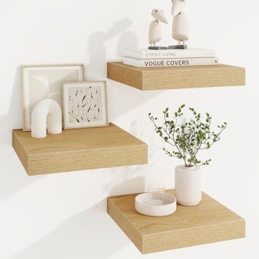 Imagem de Prateleiras quadradas flutuantes para parede, 30 cm L x 30 cm P x 3 cm A, 3 pacotes de pequenas prateleiras de madeira projetadas montadas na parede com suportes invisíveis para sala de estar, quarto