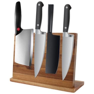 Imagem de Bloco de facas magnético, suporte de faca magnético com almofada antiderrapante, suporte de faca de madeira para cozinha com duas fileiras de tiras magnéticas, 31 cm, armazenamento de facas