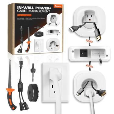 Imagem de Kit de gerenciamento de cabos na parede para TV e soundbar - corretivo de cabos e kit de energia com serra circular e serra manual de drywall - esconde todos os cabos e dispositivos de energia