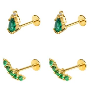 Imagem de Kokoma Brincos de pino plano de cristal verde 20G, piercing interno CZ para cartilagem de tragus helix concha nariz labret medusa piercing piercing joias 4 peças, 20g, Metal, Sem Pedra Preciosa