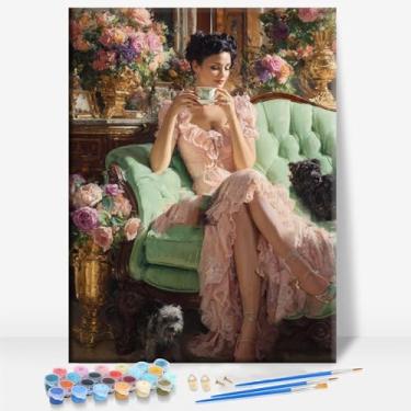 Imagem de HUINORYA Tela emoldurada para mulheres e animais de estimação, kit de pintura DIY por números, bar, café, caverna, casa, quarto, parede, banheiro, varanda, pátio, presente, 40,6 x 30,5 cm