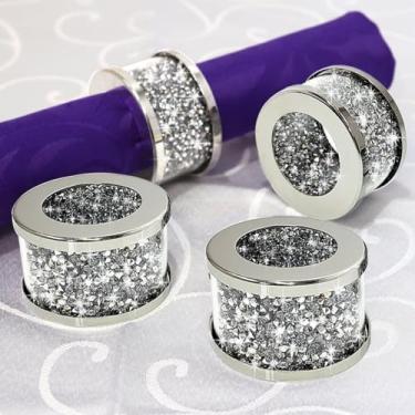 Imagem de Porta-guardanapos de vidro cristal prata diamante anéis de guardanapo pacote com 4 peças, configurações de mesa de diamante esmagado glamouroso, porta-pano, fivelas