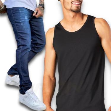 Imagem de Kit Calça Jeans Skinny + Camiseta Regata Algodão Masculina 460-Masculino