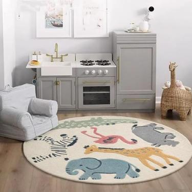 Imagem de Poowe Tapete de quarto infantil de animais fofos, tapetes redondos laváveis de 120 cm, tapete de berçário para bebês, meninos, meninas, tapete antiderrapante, macio para sala de estar, quarto, sala de