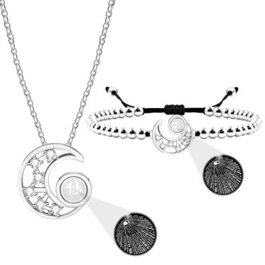 Imagem de JunyiDIY Pulseira de colar com pingente de lua I Love You em 100 idiomas, lua representa meu coração para a menina, namorada, esposa, dia dos namorados, aniversário, cristal, zircão, conjunto,