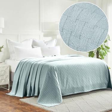 Imagem de Superior Cobertor de algodão Basketweave - Capa macia e confortável de peso médio para cama, cama, quarto, sala de estar, sofá, descanso - design moderno de tecido boho - tamanho casal/queen, azul
