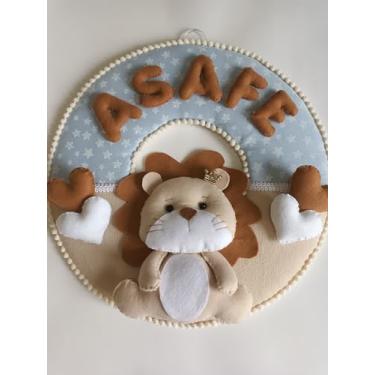 Imagem de Guirlanda porta maternidade Feltro com Leão e Coroa, Azul e Bege, 35cm