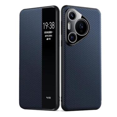Imagem de LTLMYDAM Capa de couro para Huawei Pura 80 Ultra/80 Pro/80 Pro+/80, Flip Clear View Small Window Business Slim Cover Capa de textura de fibra de carbono, azul, 80 Pro