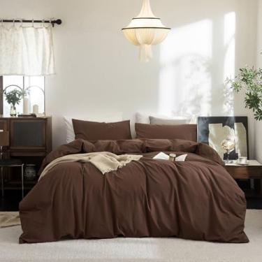 Imagem de FOSSA Conjunto de capa de edredom 100% algodão lavado e linho, super macio, respirável, aconchegante, 3 peças, marrom cacau sólido, tamanho king