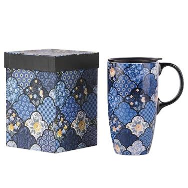 Imagem de DUSVALLY Caneca de café de cerâmica xícara de café com tampa xícara de chá latte de porcelana com alça 500 ml/481.9 g, azul
