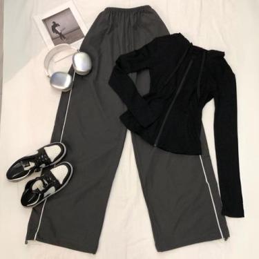 Imagem de Calça básica simples reta larga de tactel com ajuste de cordão na cint