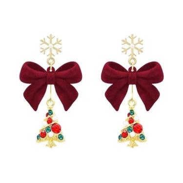 Imagem de Brincos femininos de floco de neve de Natal com laço vermelho com pingente de árvore de Natal, brincos de pompom, joias de inverno para presentes, no, Metal, Sem pedra preciosa