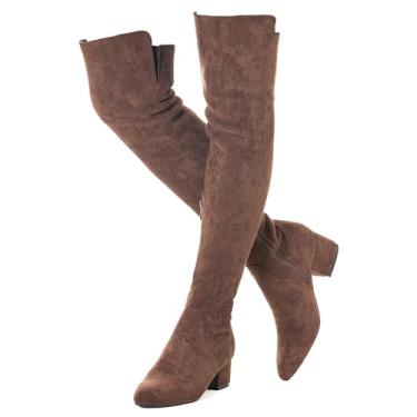 Imagem de N.N.G Botas femininas acima do joelho até a coxa camurça preta bloco baixo 5 cm salto grosso acima do joelho inverno bico fino, CaféSalto 2 Ihch, 37