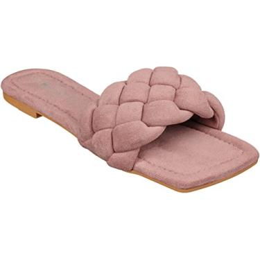 Imagem de CLOVERLAY Sandália feminina trançada, rasteira, bico quadrado, trançada, de faixa única, sem cadarço, Camurça rosa indiana, 36