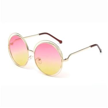 Imagem de Óculos de sol vintage redondos, tamanho grande, com lentes grandes, espelhados, armação de metal, óculos de sol femininos, estilosos, 5, dourado, rosa e amarelo, altura da lente: 6,2 cm