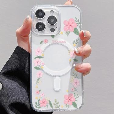 Imagem de Benbabuwe Capa magnética para iPhone 17 Pro Max, capa transparente de flor rosa compatível com MagSafe, fita fina sem fio, estética, capa protetora feminina à prova de choque para mulheres e meninas