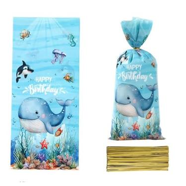 Imagem de Pacote de 50 peças vibrantes oceano azul subaquático bonito peixe baleia estrela do mar coral com texto de feliz aniversário, sacos de brindes de celofane - Sacos de presente com tema de feliz