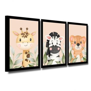 Imagem de Kit 3 Quadros Safari Aquarela Infantil Quarto Vidro 20X30Cm Título Moldura Preta