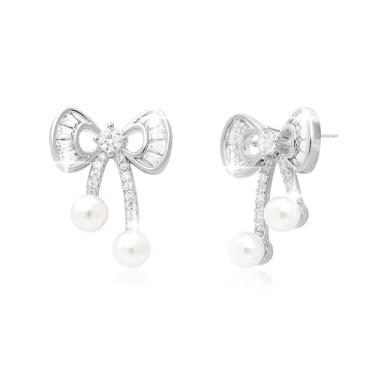 Imagem de Frigotine Brincos femininos com laço de pérola dourada e prateada, delicados, brilhantes, strass, assimétrico, fita, laço, presente de Natal, acessórios de casamento, joias modernas, Aço inoxidável