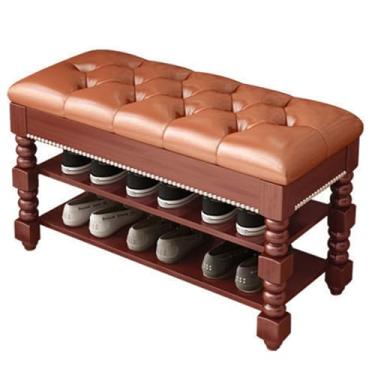 Imagem de Banco de sapato moderno de madeira de meados do século com almofada - Armário elegante para entrada, porta da frente e sala de estar (B 80 x 30 x 45 cm)