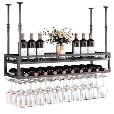 Imagem de Rack de vinho suspenso com suporte de vidro e prateleira, rack de garrafa de vinho ajustável de 30 cm-60 cm de altura, rack de copo de vinho de teto, para bar café cozinha (cor: preto, tamanho: 100 x