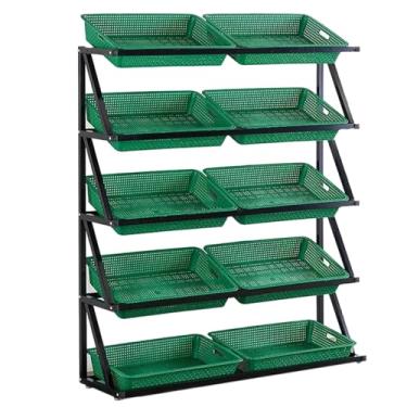Imagem de Suporte de armazenamento de produtos com cesta de imitação de vime, rack de exibição de supermercado verde para frutas vegetais, cebola, batata, lanche, economia de espaço (tamanho: 5 prateleiras