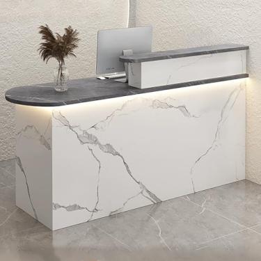 Imagem de Mesa de recepção frontal moderna com luz LED para salão, loja ou escritório - Mesa de balcão branca de varejo com gaveta e armário de armazenamento (100 x 55 x 100 cm)