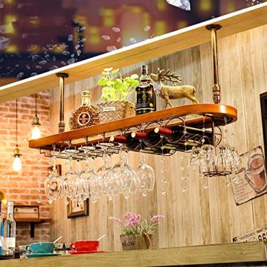 Imagem de Rack de vinho pendurado rack de vinho com cristal, barra de teto de metal ajustável, suporte de vidro e vinho montado na parede, suporte de garrafa de ferro, prateleira de vinho, suporte organizador