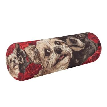 Imagem de Burbuja Almofada de rolo redondo de cilindro de rosas para alívio da dor no pescoço, almofada de viagem cervical de espuma viscoelástica com capa lavável removível para cama, cabeça e pernas traseiras