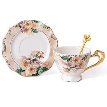 Imagem de fanquare Conjunto de xícara de chá e pires de porcelana amarela antiga, xícara de café com pires, colher, copo floral de 200 ml com alça dourada para café da manhã