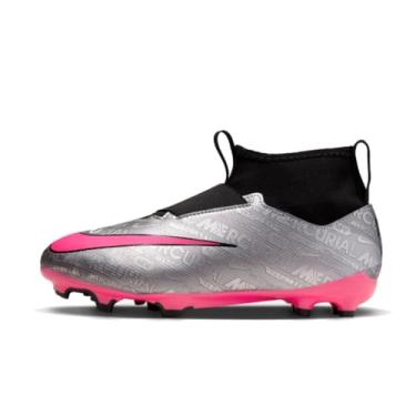 Imagem de Nike Chuteira de futebol infantil Jr. Zoom Mercurial Superfly 9 Academy XXV MG pequena/grande FJ2032-060, Prata metálica/preto/volt/rosa hiperativo, 19