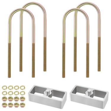 Imagem de Racewill Kits de bloco de redução de mola universal de 2,5 cm, blocos de 12,7 cm de comprimento x 2-1/7.6 cm de largura, com 4 pacotes de parafusos em U galvanizados resistentes