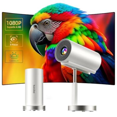 Imagem de Basike Mini Projetor Portatil, 4K 1080P Full HD, 5G WIFI 6 BT 5.0 Android 11, 12000 Lumens, Led Auto de Correcção Trapezóide Horizontal, 90°Girável Ajuste Telescópico de Altura (Branco)
