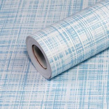 Imagem de Qianglive Papel de parede azul claro para destacar e colar 43 cm x 1222 cm tecido em relevo texturizado papel de contato pano de grama removível papel de parede de vinil autoadesivo para banheiro
