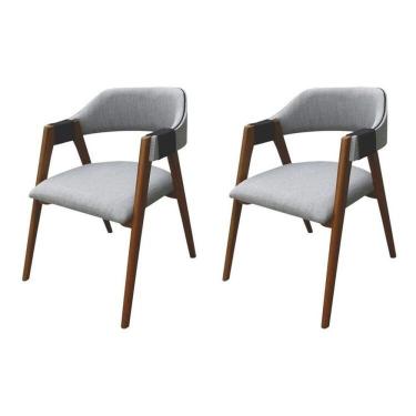 Imagem de Kit 2 Cadeiras Laura Madeira Maciça De Eucalipto Verniz Rust Linho Cinza-marrom