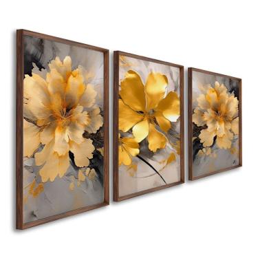 Imagem de Quadro Decorativo Floral Amarelo Com 3 Telas De Parede Para Sala Quarto Escritório 60cm X 90cm Tabaco