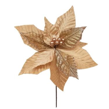 Imagem de Poinsetia Decorativa Dourada Veludo Natalina Natal 40cm Tok Da Casa