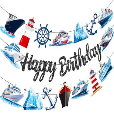Imagem de Banners náuticos de aniversário 3 peças decorações de festa de navio de cruzeiro navio oceano âncora recortes banners decorações de festa de aniversário de marinheiro para tema de filme clássico chá