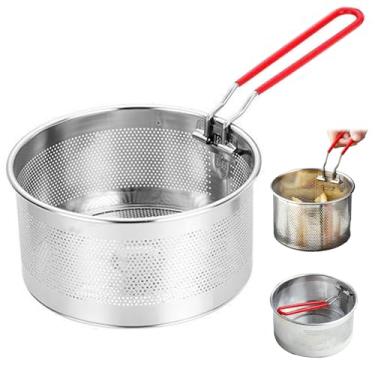 Imagem de Cesta de fritura, cesta de fritura de aço inoxidável, fritura redonda resistente ao calor com alça dobrável, para batatas fritas, macarrão, legumes, cozinhar, 20 cm